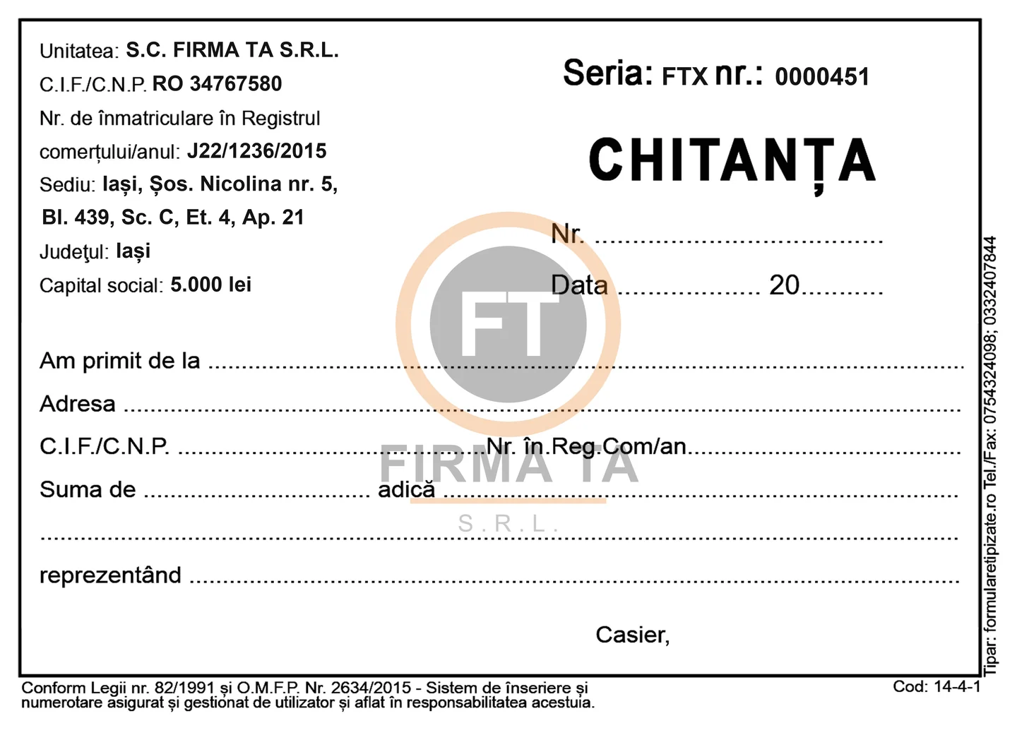 Chitanță personalizată cu datele firmei pre-tipărite și logo