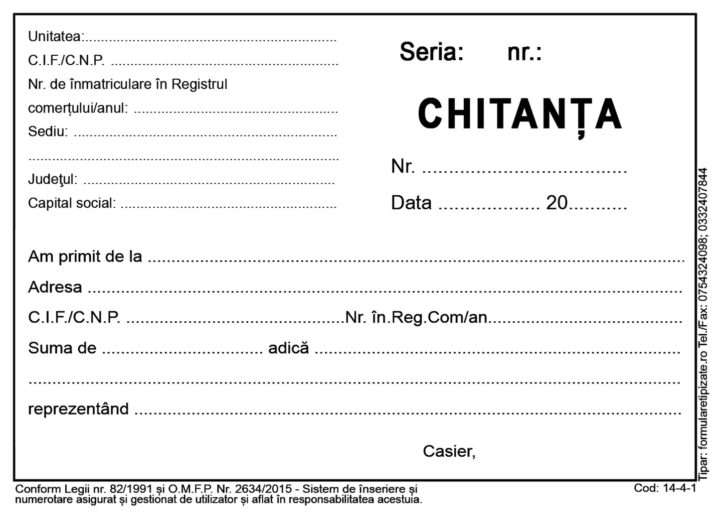 Chitanță standard cu antetul gol, de completat manual