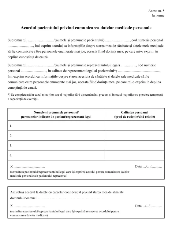 Acordul pacientului privind comunicarea datelor medicale personale - față