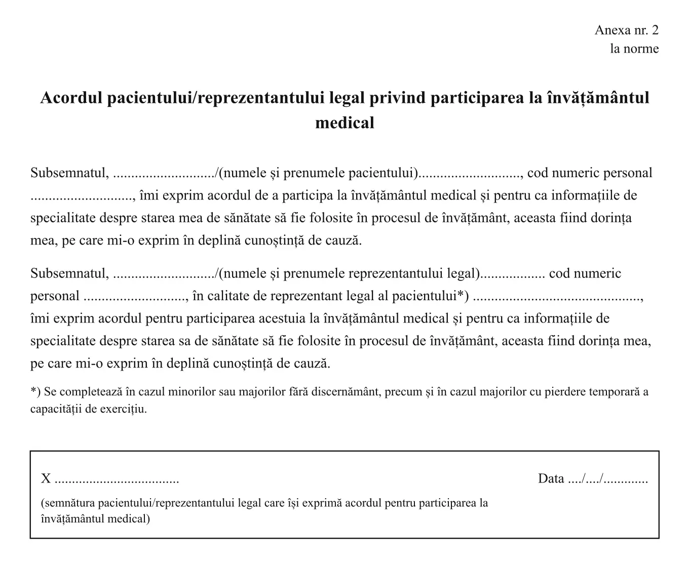 Acordul pacientului privind participarea la învățământul medical