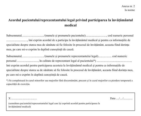 Acordul pacientului privind participarea la învățământul medical