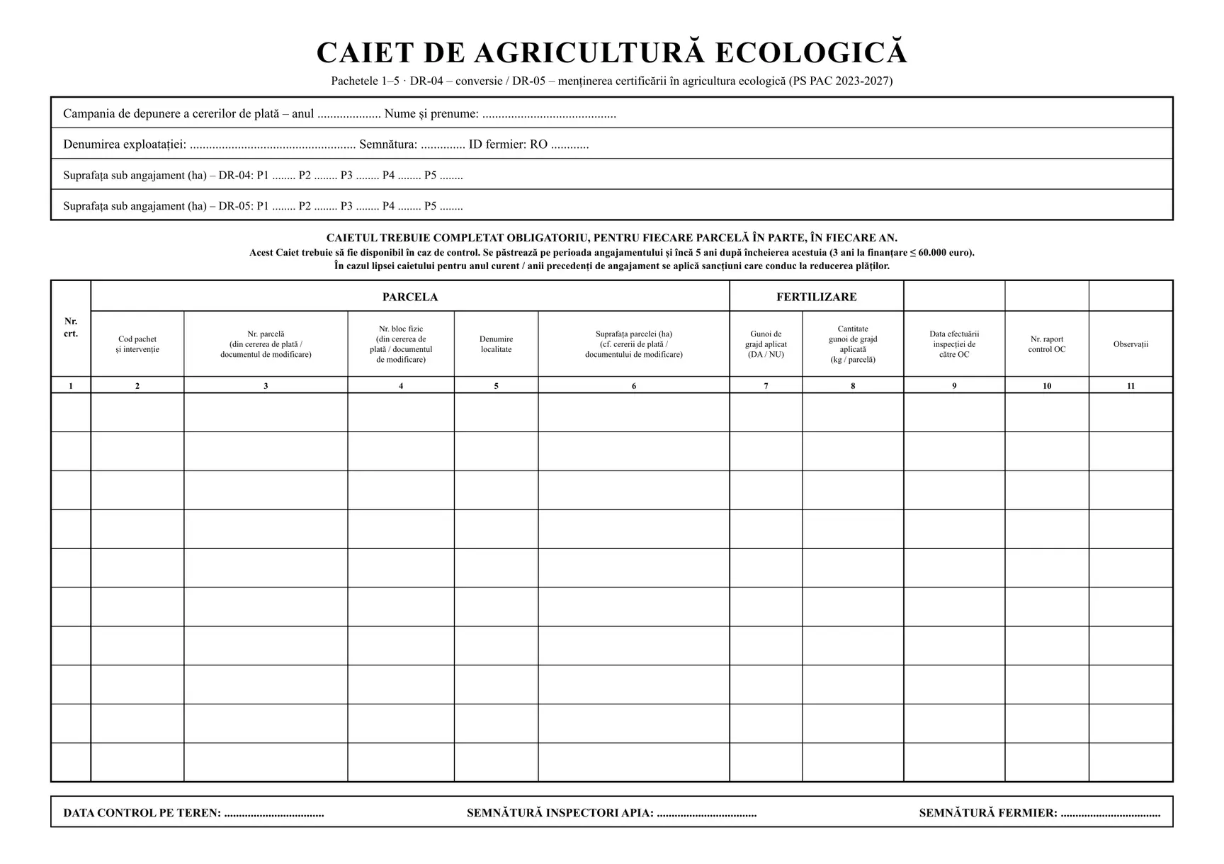 Caiet de agricultură ecologică P1–P5 (DR-04/DR-05)