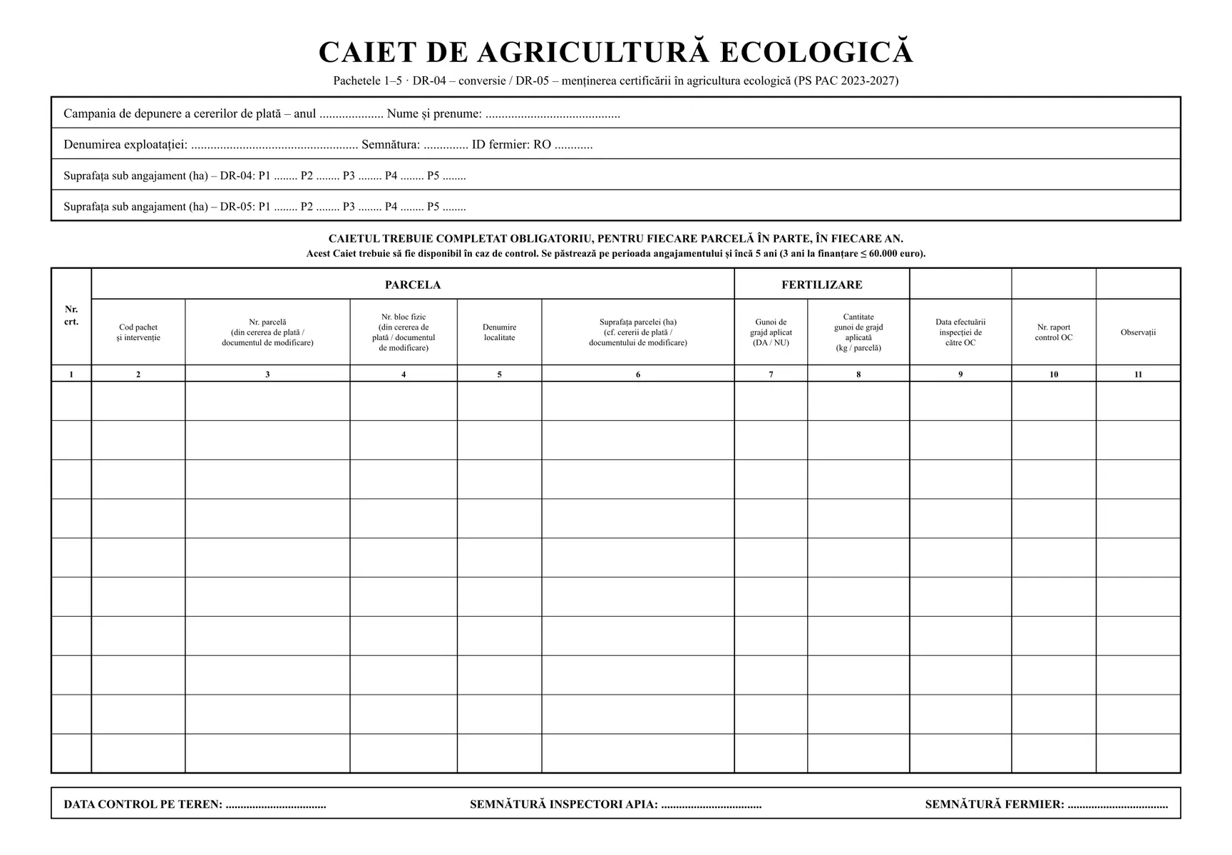 Caiet de agricultură ecologică P1–P5 (DR-04/DR-05)
