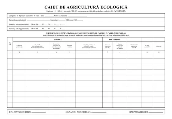 Caiet de agricultură ecologică P1–P5 (DR-04/DR-05)