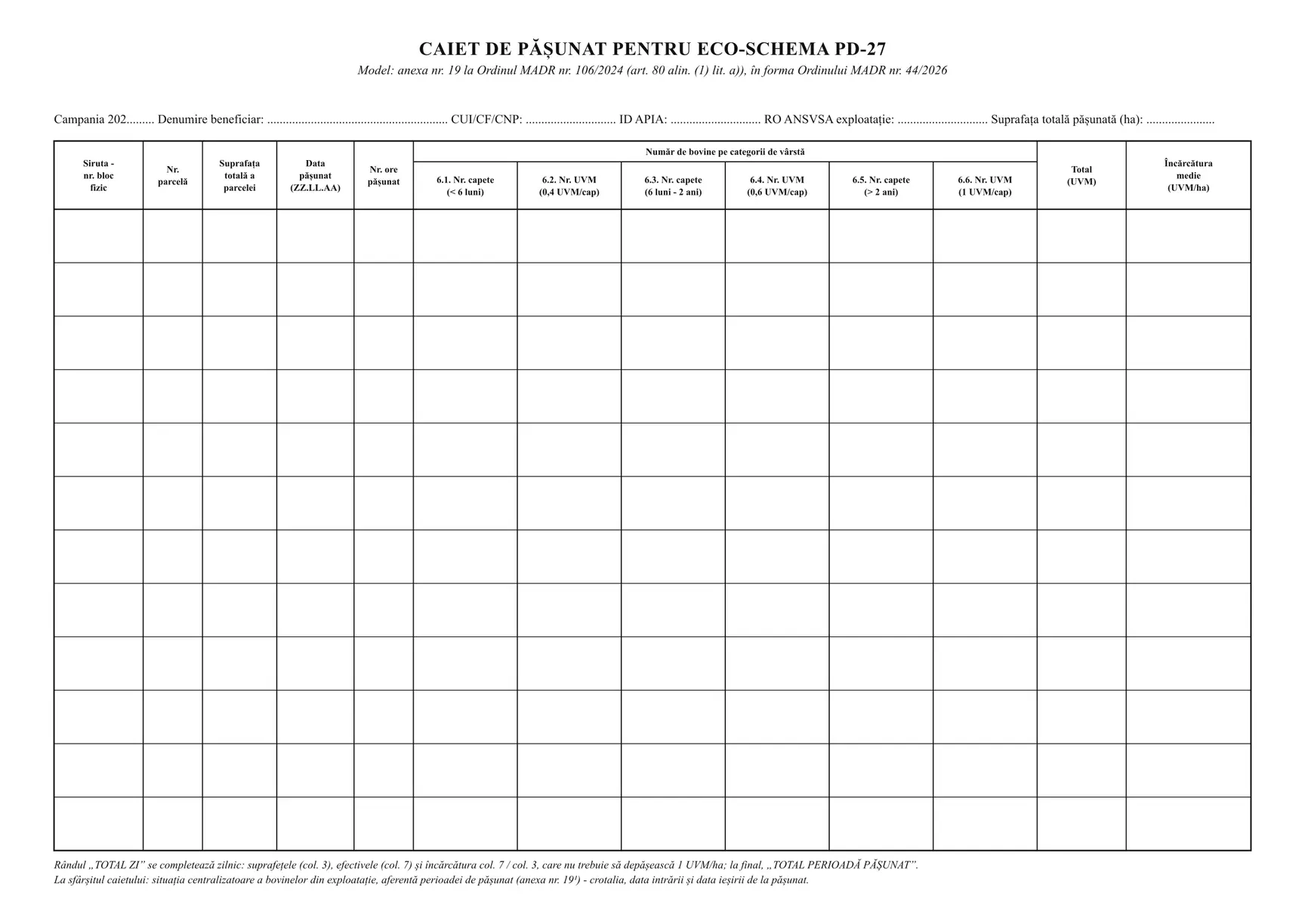 Caiet de pășunat pentru eco-schema PD-27
