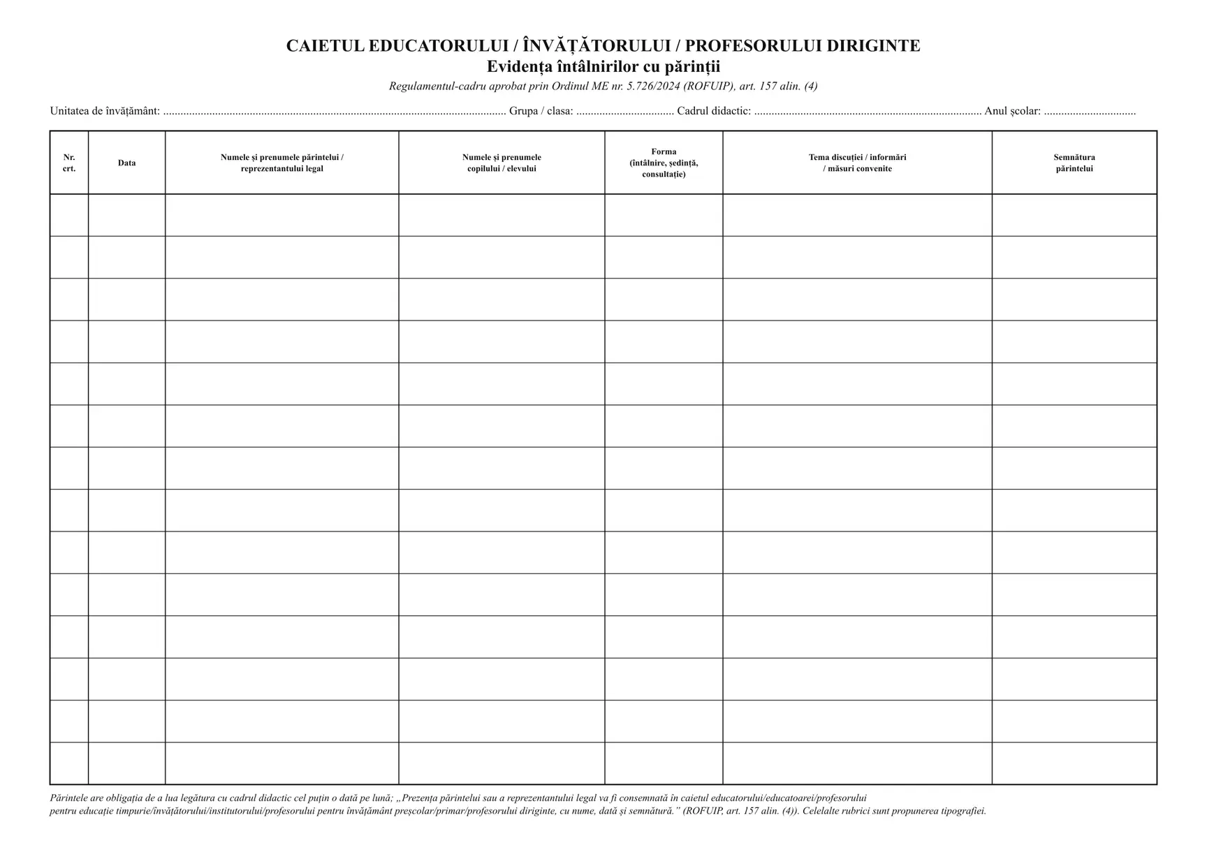 Caietul educatorului / dirigintelui (întâlnirile cu părinții)