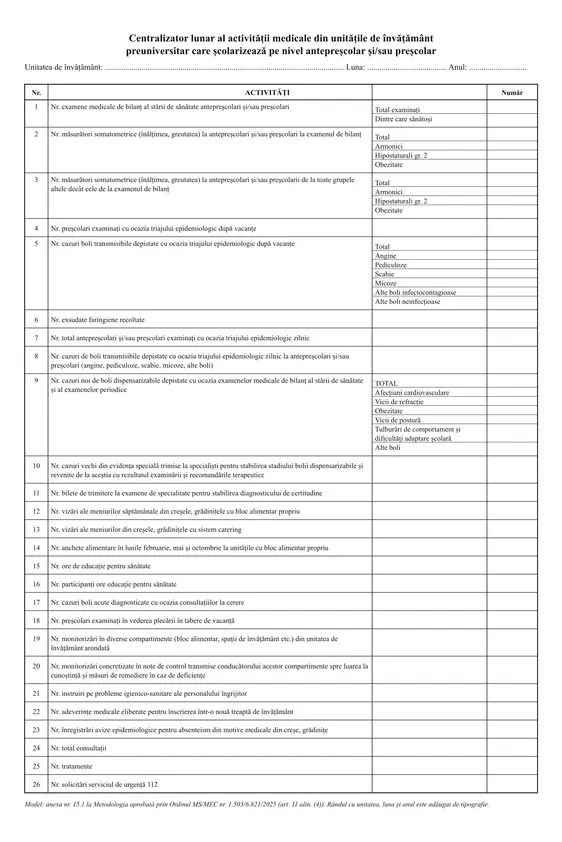 Centralizator lunar al activității medicale (cabinet școlar)