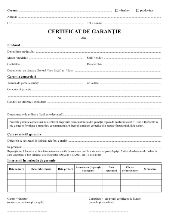 Certificat de garanție - față