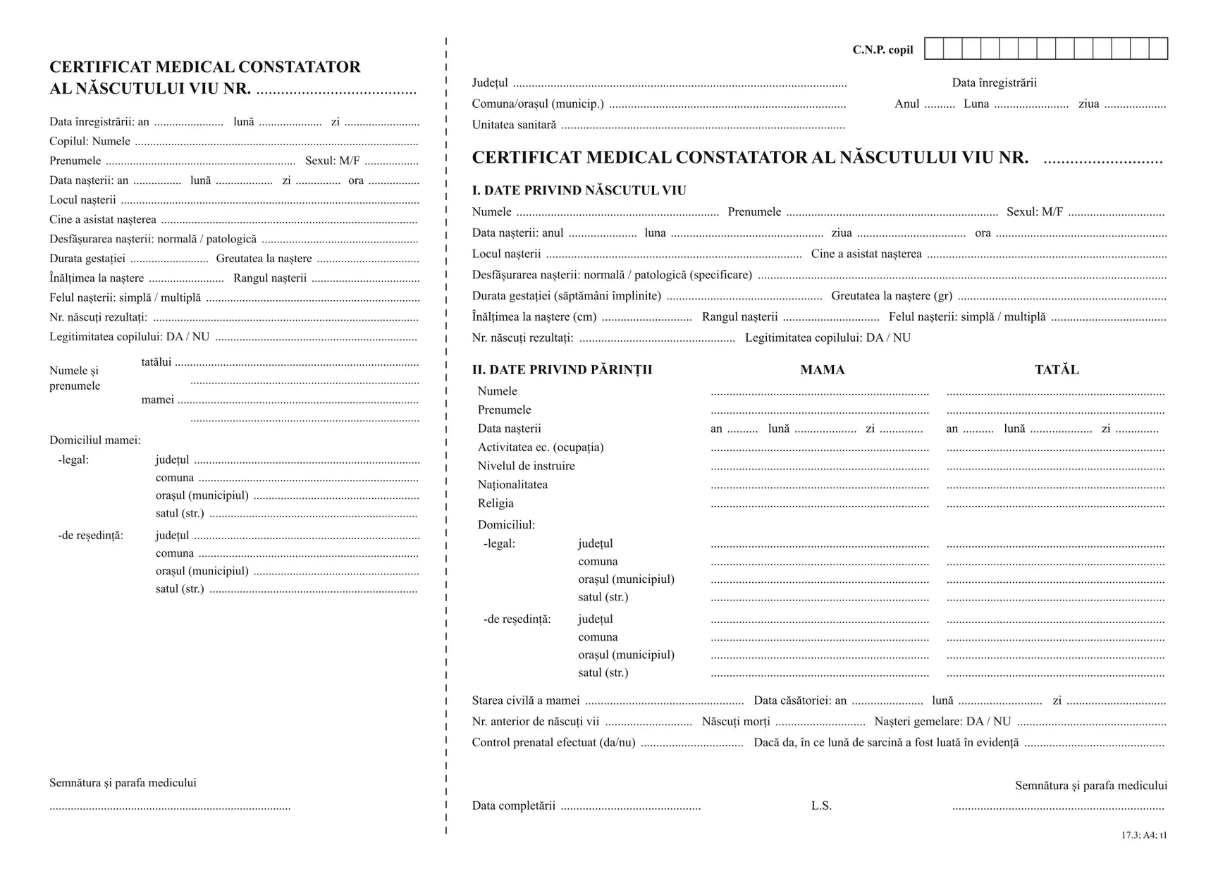 Certificat medical constatator al nașterii