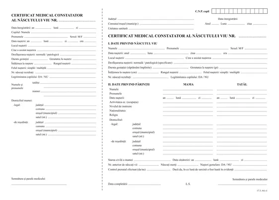 Certificat medical constatator al nașterii - față