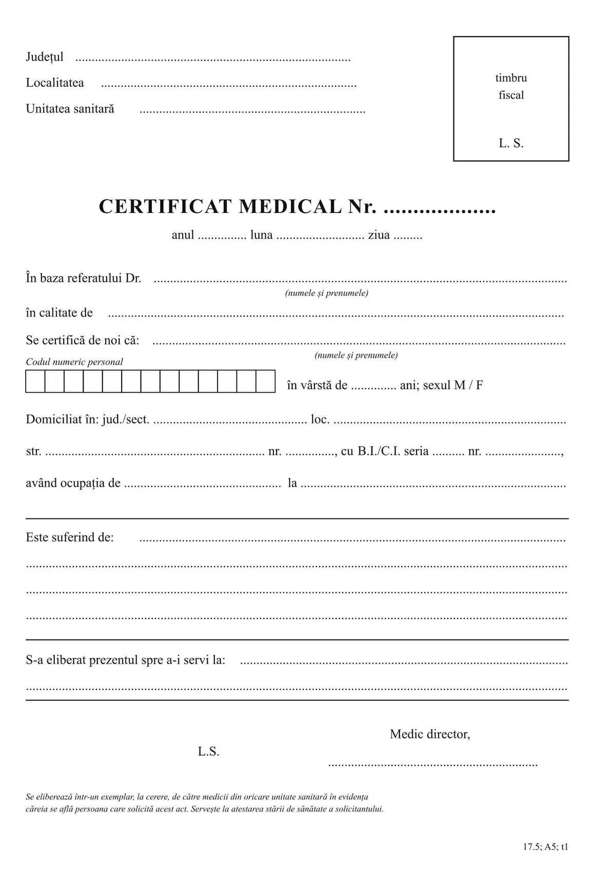 Certificat medical tip A5 (cod 17.5)