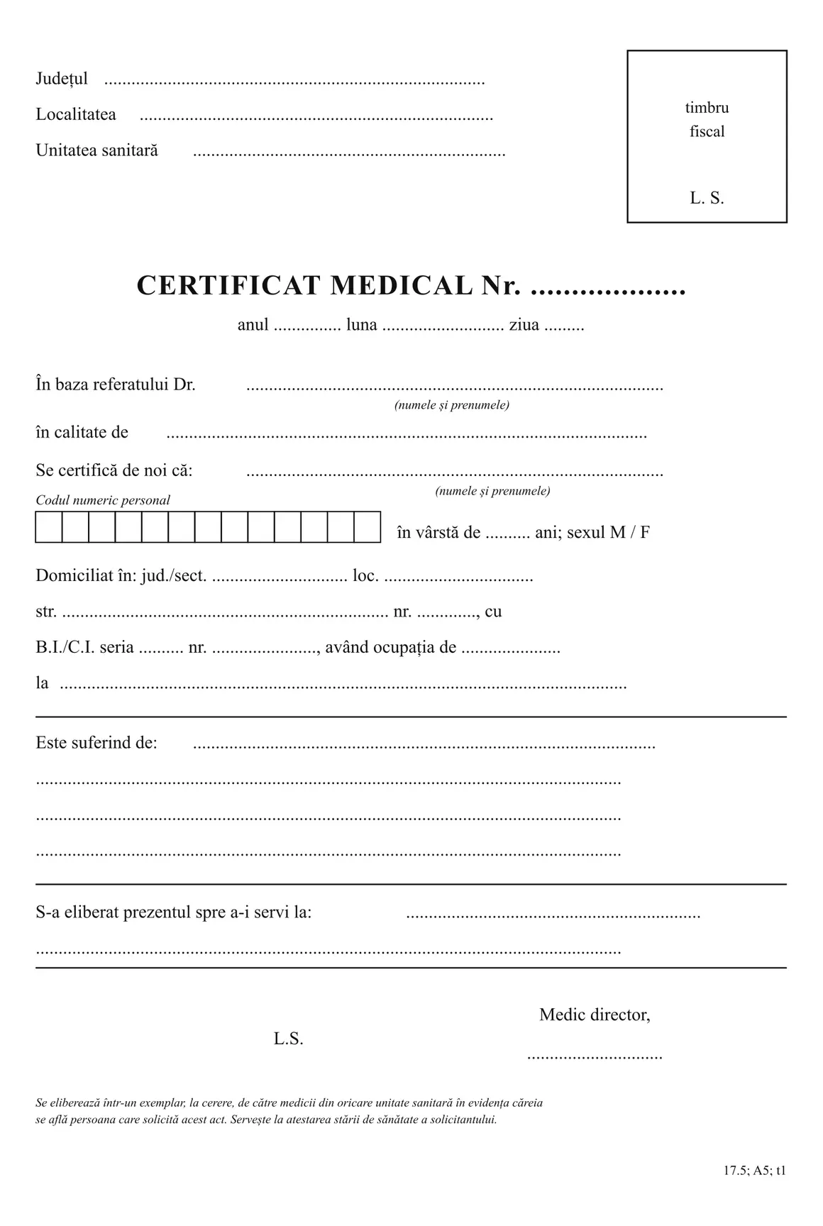 Certificat medical tip A5 (cod 17.5)