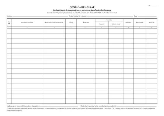 Condică de aparat pentru stupefiante și psihotrope (anexa nr. 11, HG nr. 1.915/2006)