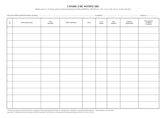 Condica de notificări (SNIIA) - față