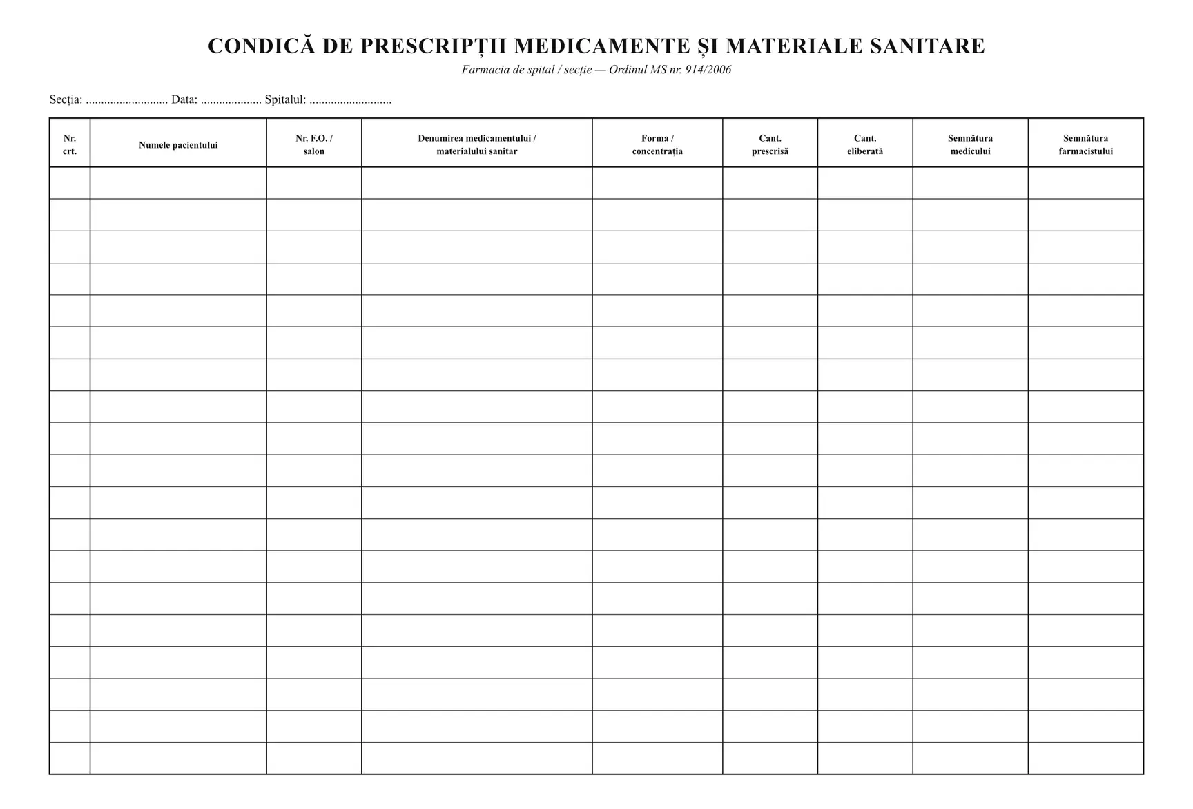 Condică de prescripții medicamente și materiale sanitare
