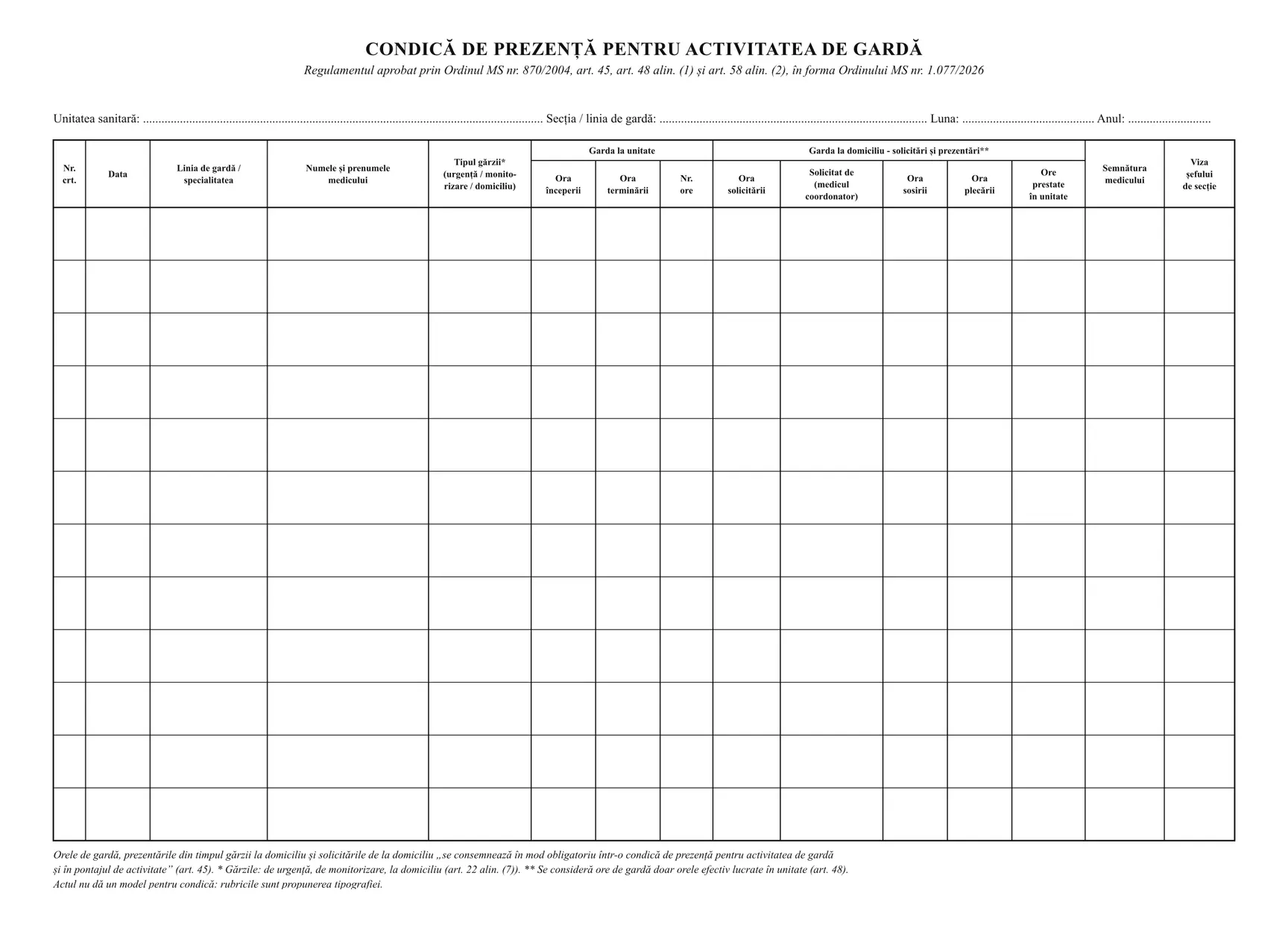 Condică de prezență pentru activitatea de gardă
