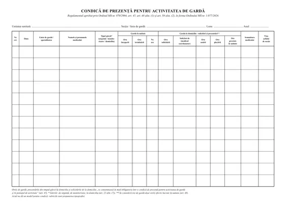 Condică de prezență pentru activitatea de gardă
