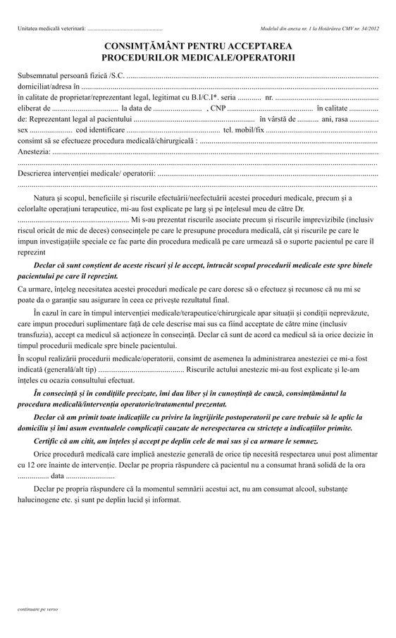 Consimțământ pentru acceptarea procedurilor medicale/operatorii (veterinar)