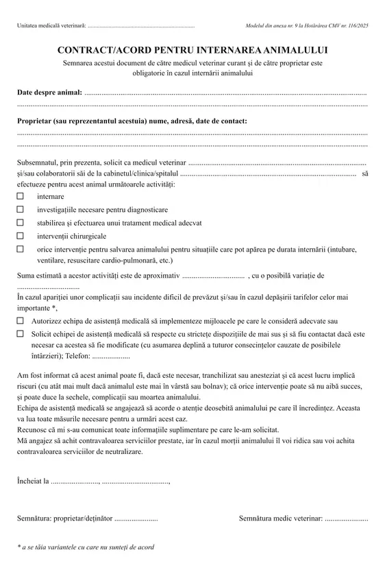 Contract / acord pentru internarea animalului