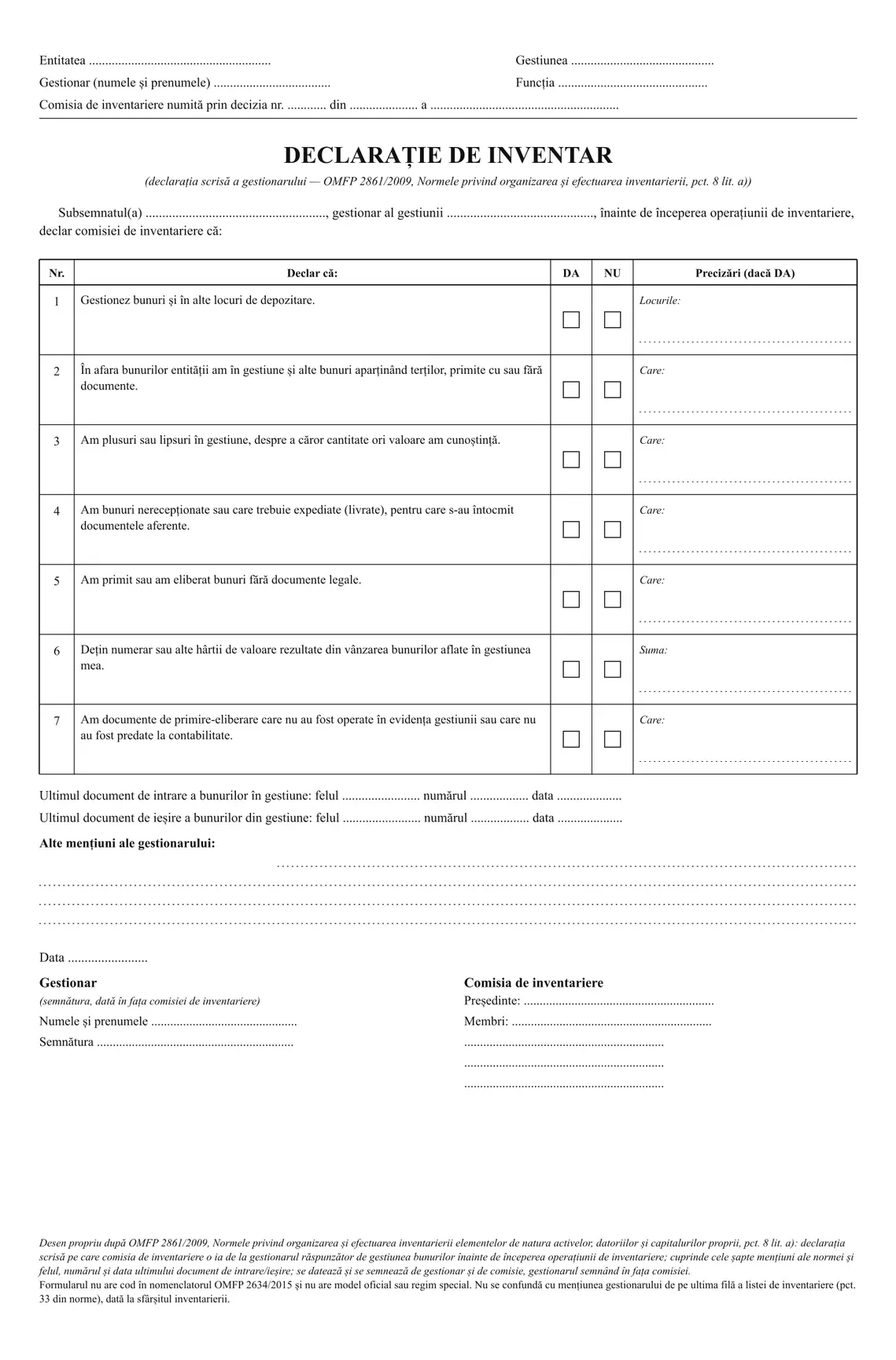Declarație de inventar (declarația gestionarului)