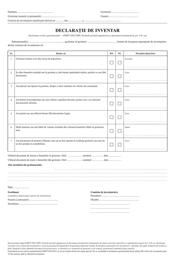 Declarație de inventar (declarația gestionarului)
