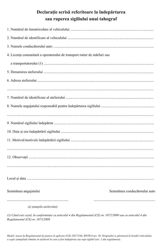 Declarație de desigilare a tahografului