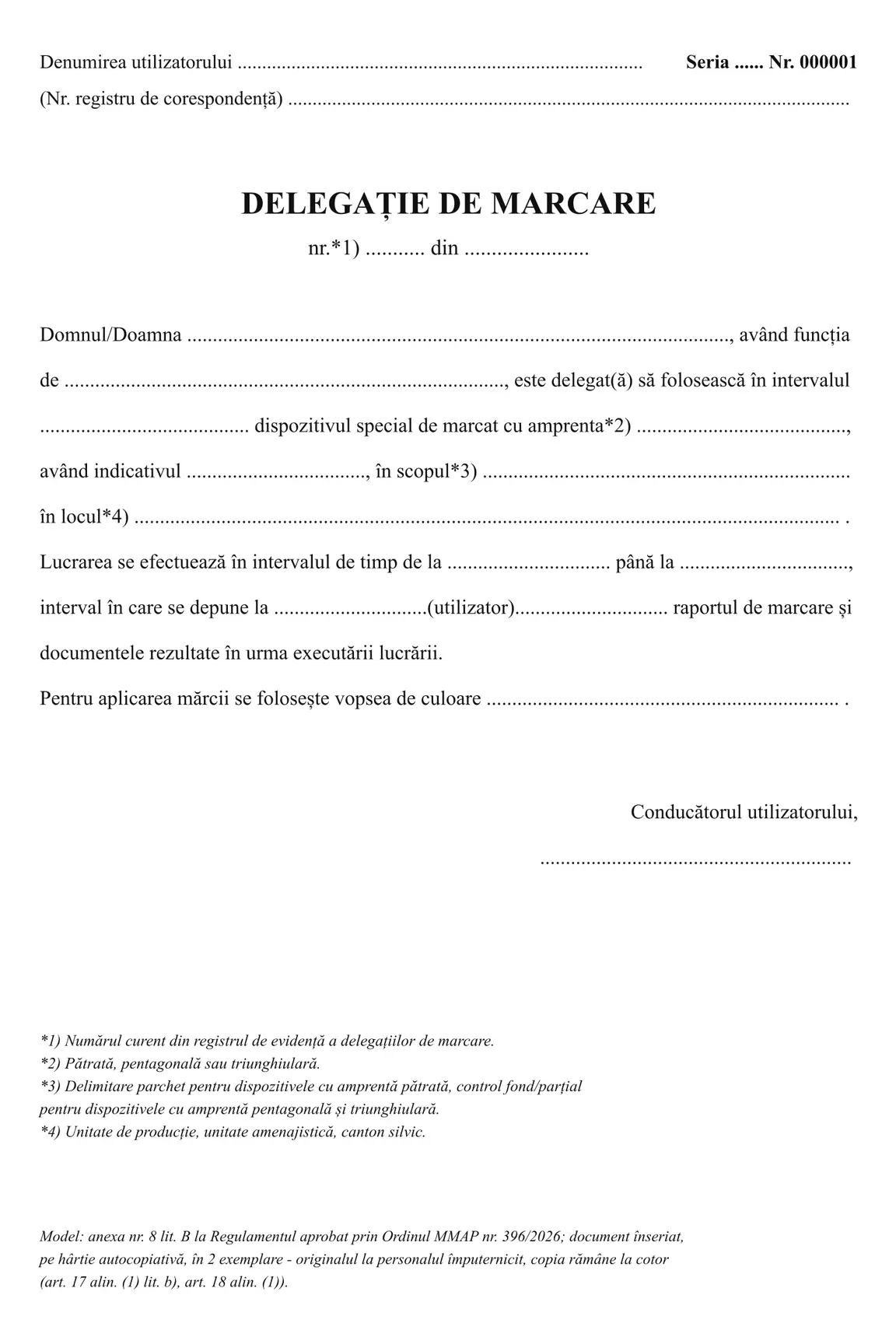 Delegație de marcare (carnet autocopiativ)