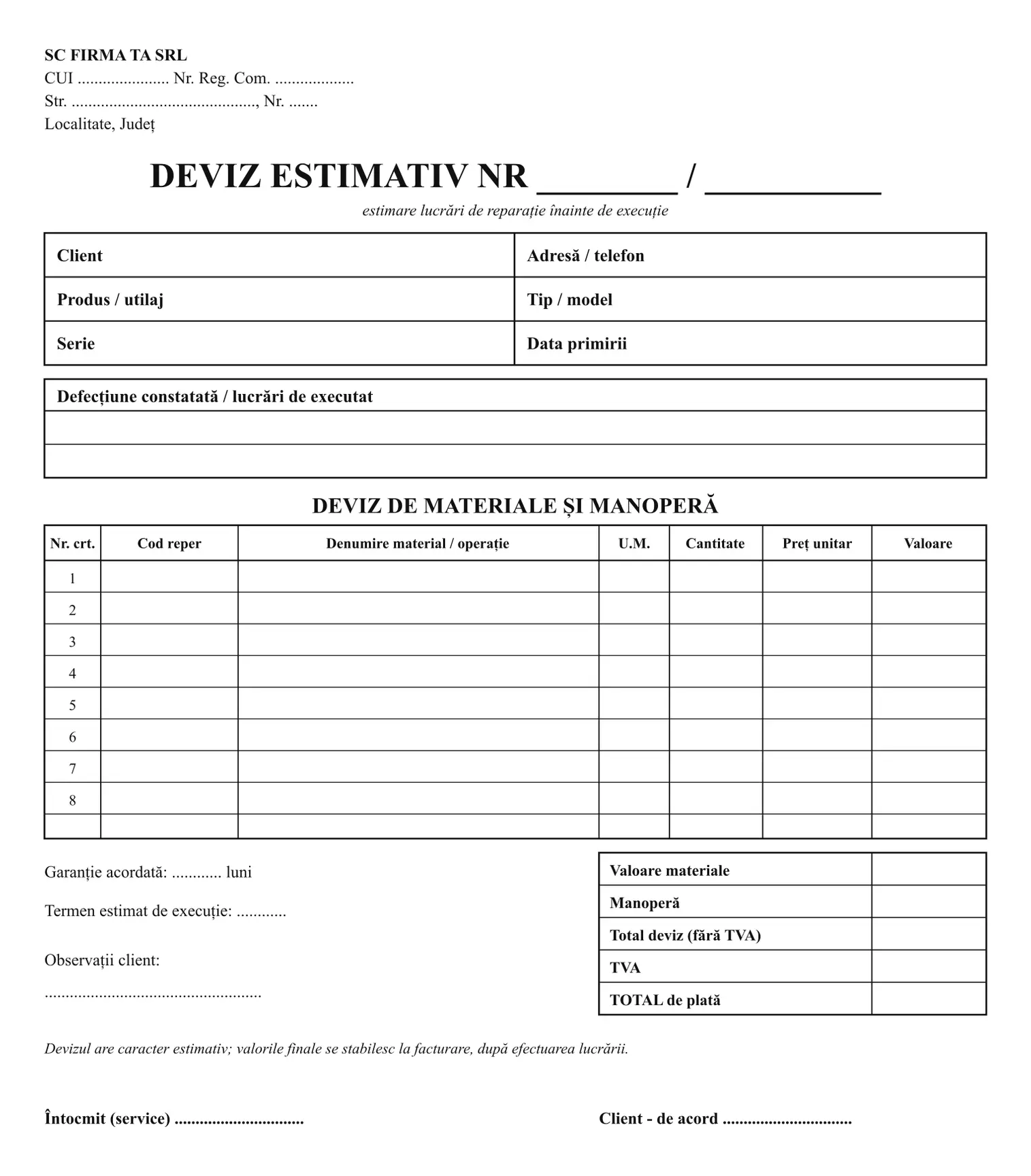 Deviz estimativ reparații
