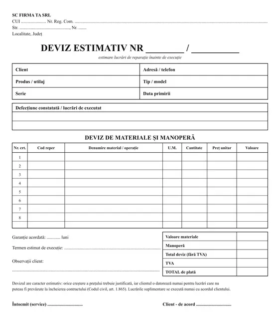 Deviz estimativ reparații