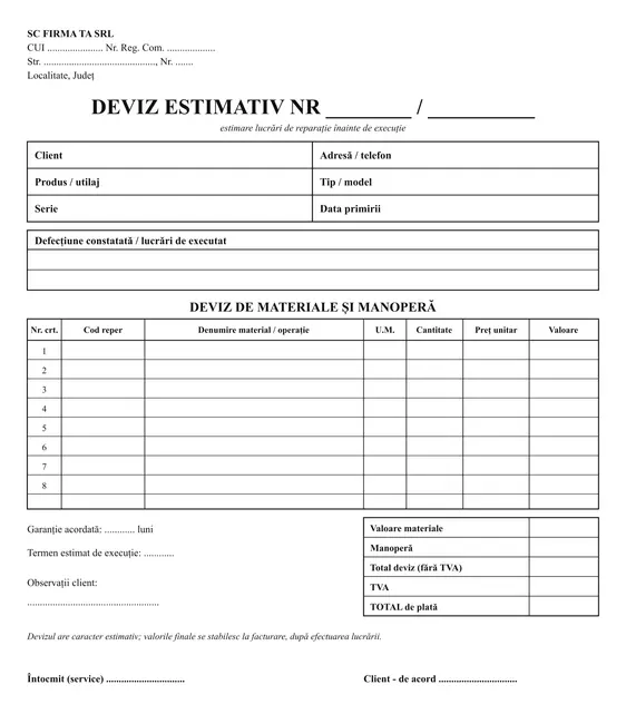 Deviz estimativ reparații