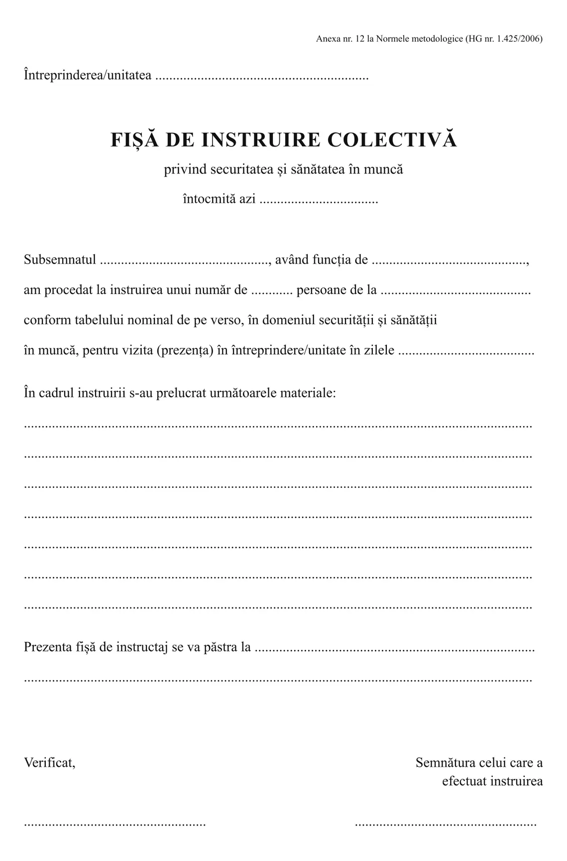 Fișă de instruire colectivă SSM
