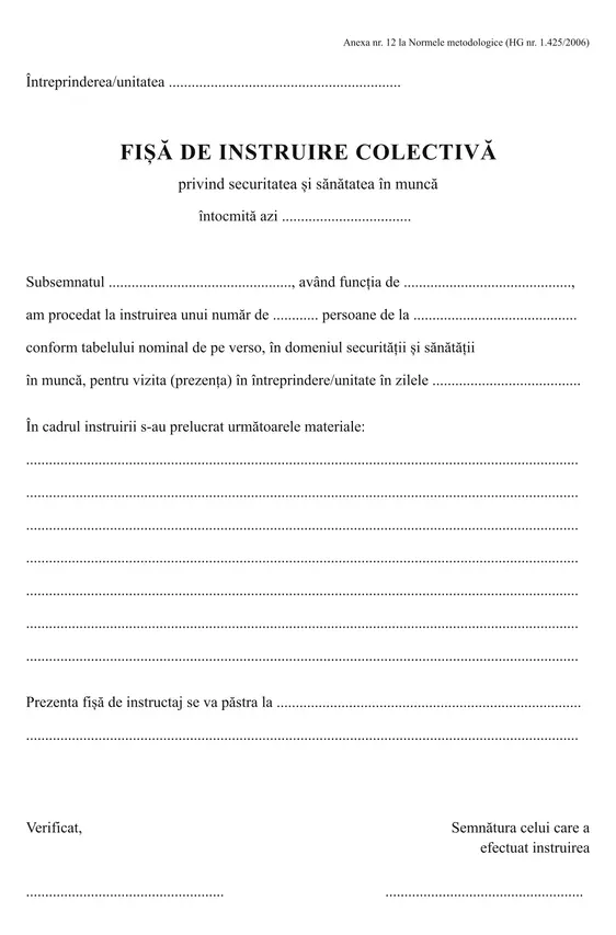 Fișă de instruire colectivă SSM