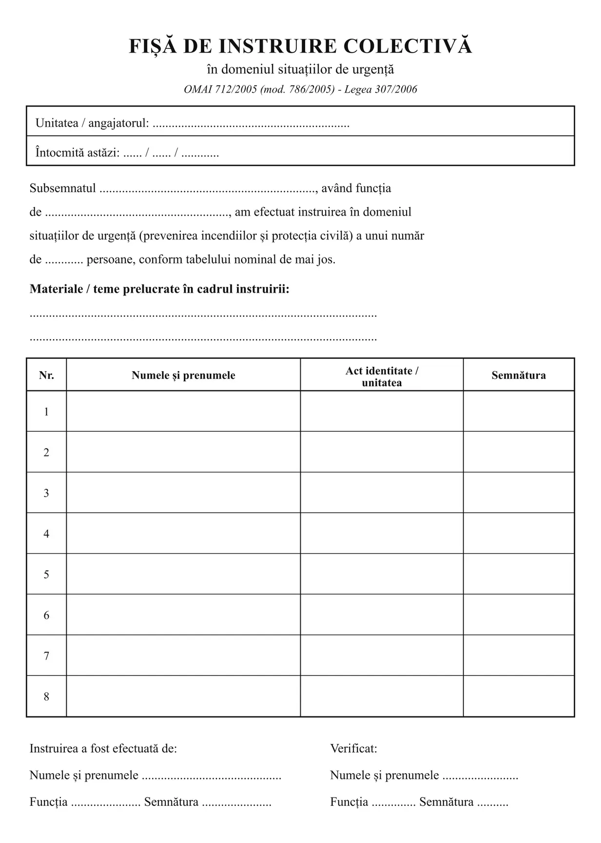 Fișă de instruire colectivă SU (situații de urgență)