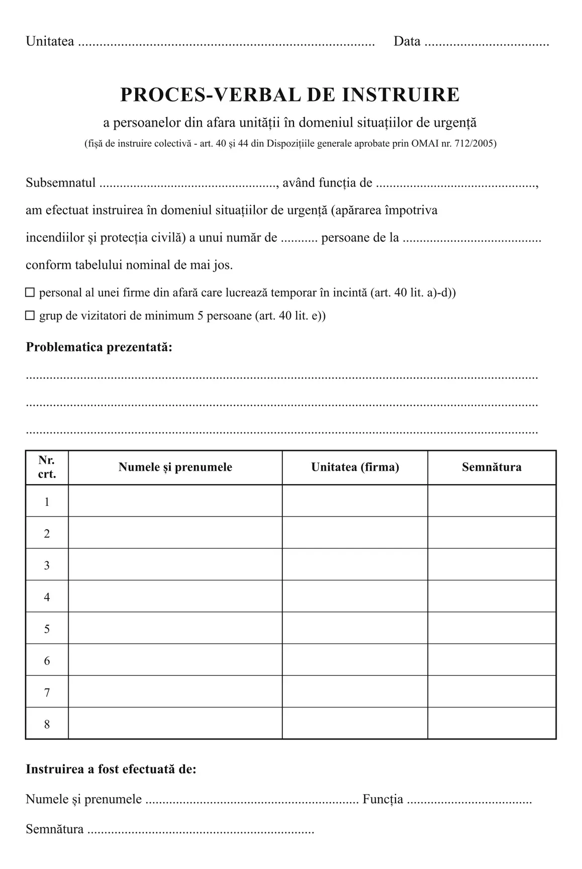 Fișă de instruire colectivă SU (situații de urgență)