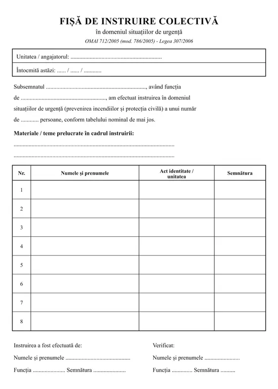 Fișă de instruire colectivă SU (situații de urgență)