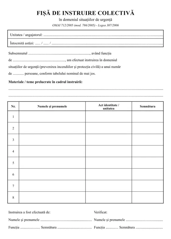 Fișă de instruire colectivă SU (situații de urgență)