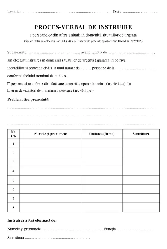 Fișă de instruire colectivă SU (situații de urgență) - față