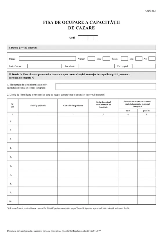 Fișă de ocupare a capacității de cazare