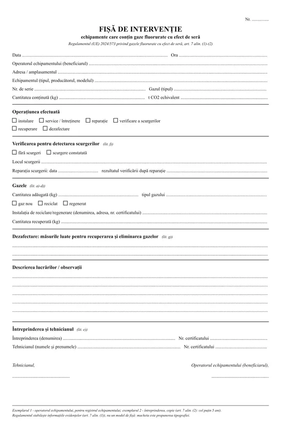 Fișă de intervenție pentru echipamentele cu gaze fluorurate (2 exemplare autocopiante)
