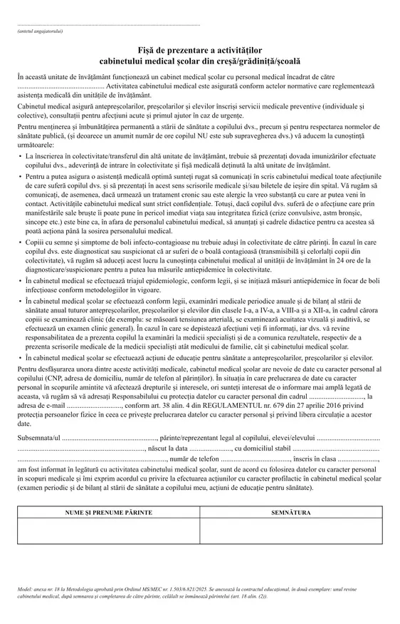 Fișă de prezentare a activităților cabinetului medical școlar