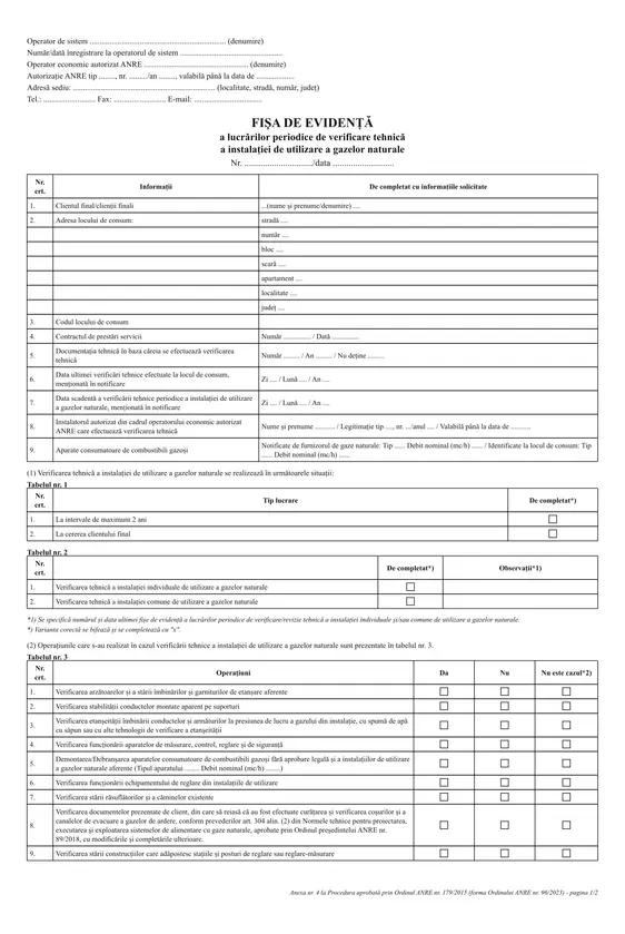 Fișă de evidență a verificării / reviziei tehnice (instalații gaze naturale)