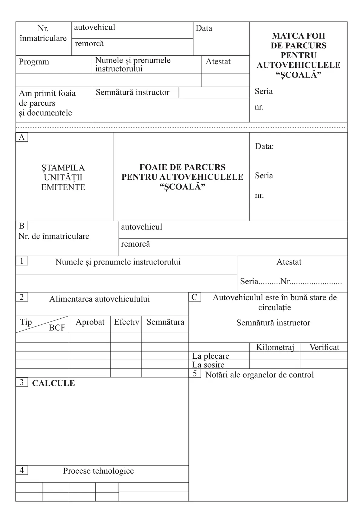 Foaie de parcurs pentru autovehicule „Școală"