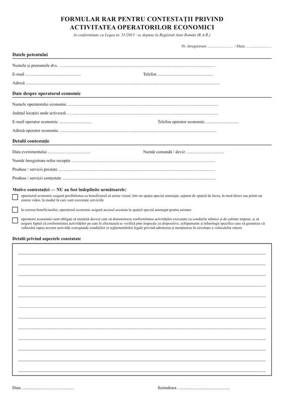Formular contestație service auto (R.A.R.)