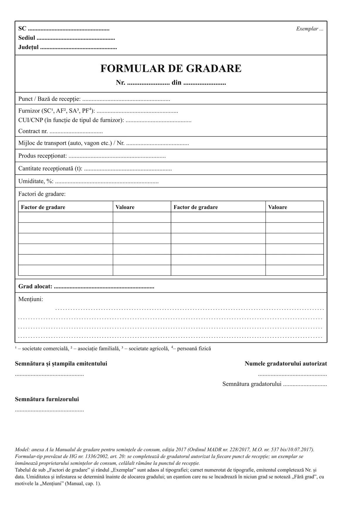 Formular de gradare (semințe de consum)