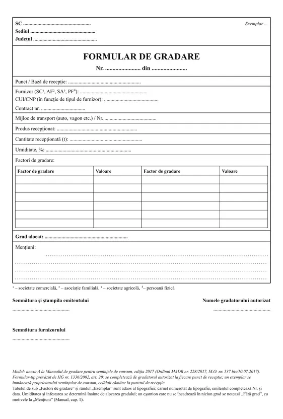 Formular de gradare (semințe de consum)
