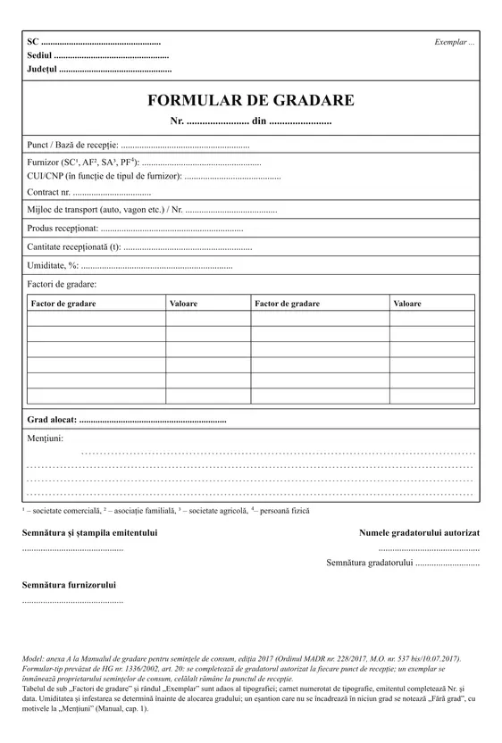 Formular de gradare (semințe de consum)