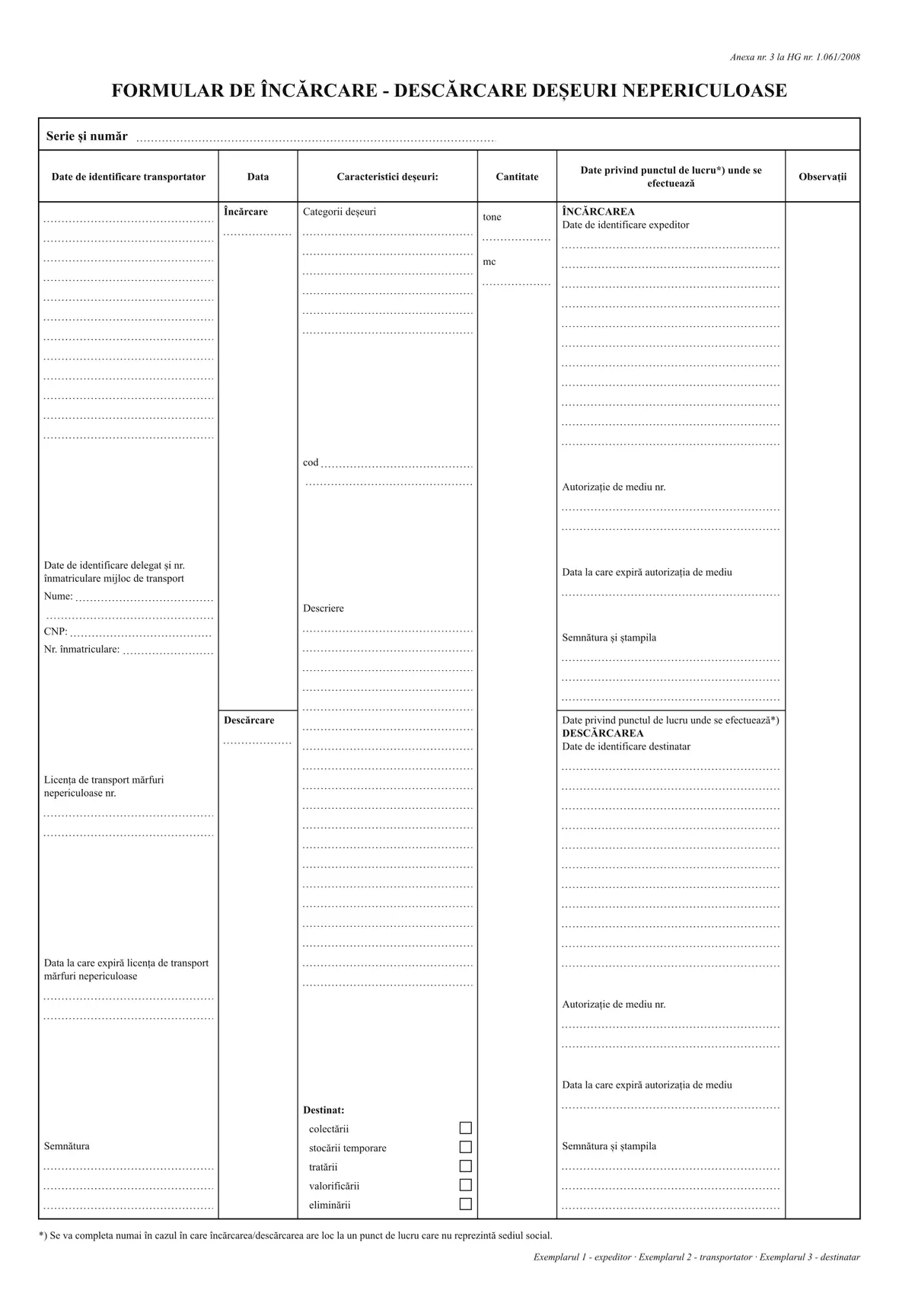 Formular de încărcare-descărcare deșeuri nepericuloase
