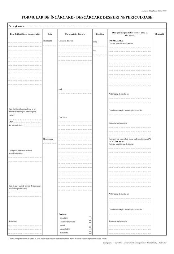Formular de încărcare-descărcare deșeuri nepericuloase