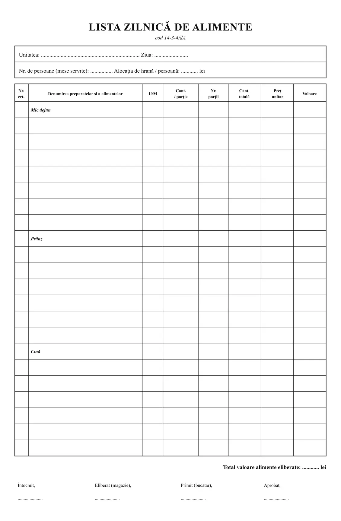 Lista zilnică de alimente (14-3-4/dA)