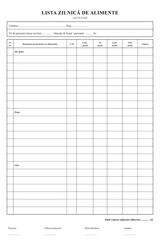 Lista zilnică de alimente (14-3-4/dA)